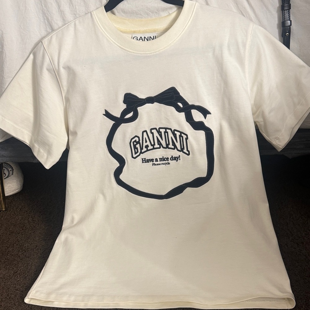 Ganni Cream Women Tee with Black Bow Print